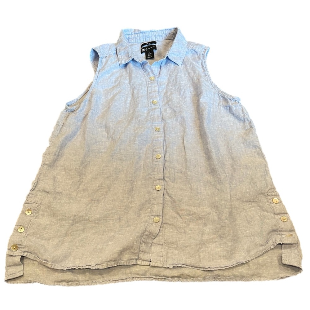 JNY 100% Linen Light Blue Sleeveless Top Mother of Pearl Buttons Large | EUC